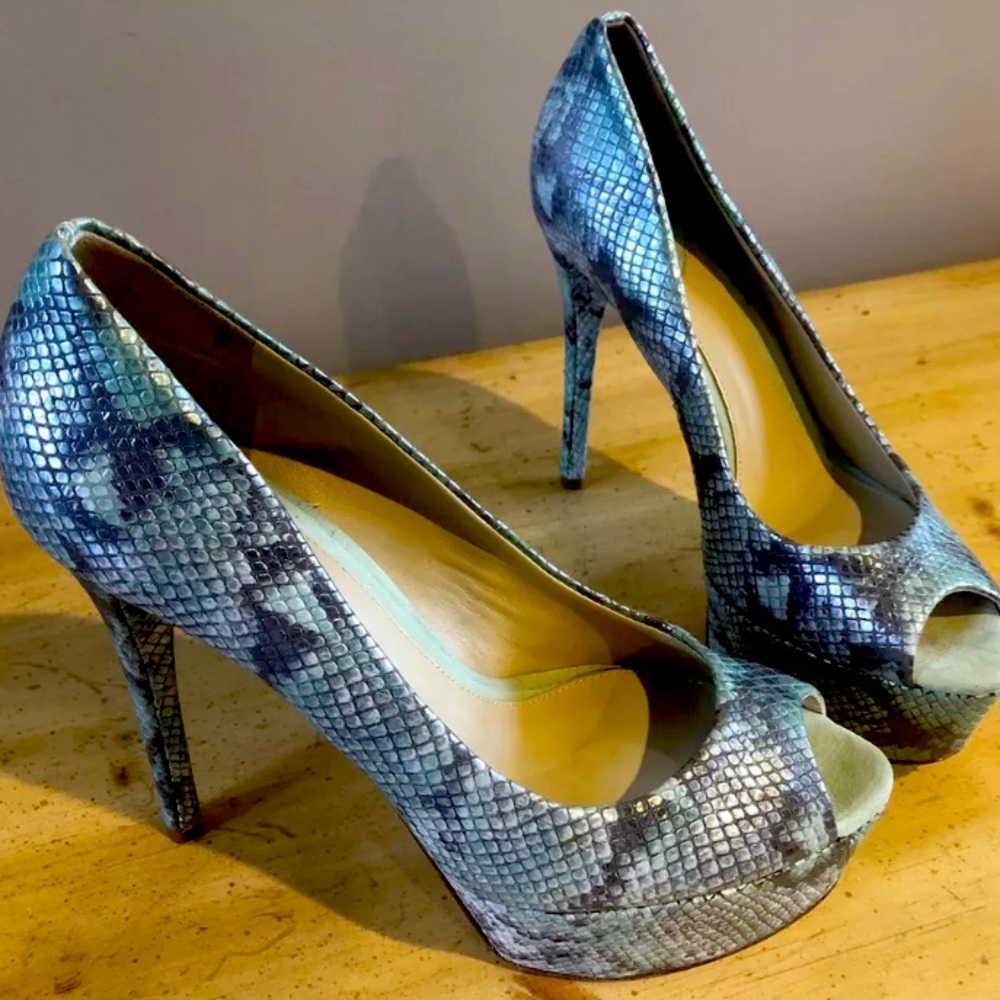 B Brian Atwood snake skin peep toes